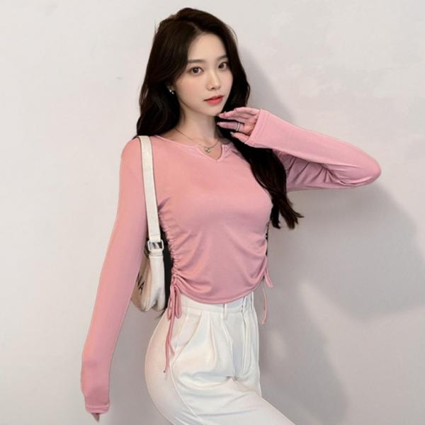 여자 셔링티 유넥 V넥 슬림 골지 긴팔 티셔츠 세미크롭티 발리코어룩