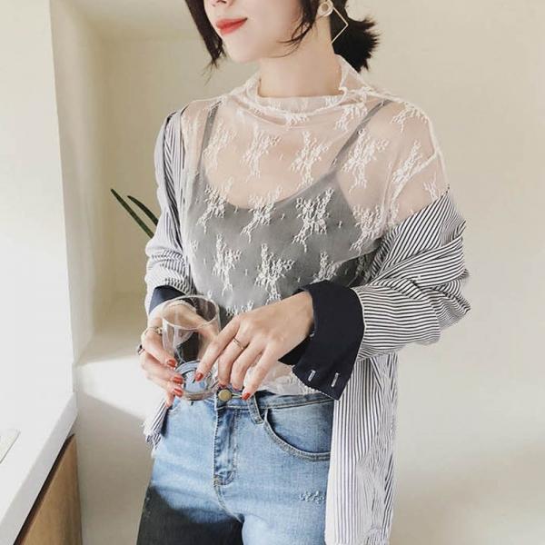 망사 티셔츠 레이어드 그물티 목폴라 물결 이너 반목