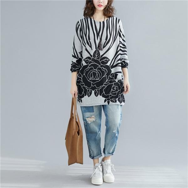 F79013 루즈핏 빅로즈 플라워 롱티셔츠 환펀 니트티