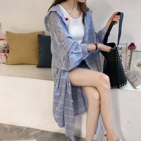 빅 체크 롱남방 여성 후드 블라우스 셔츠 롱기장