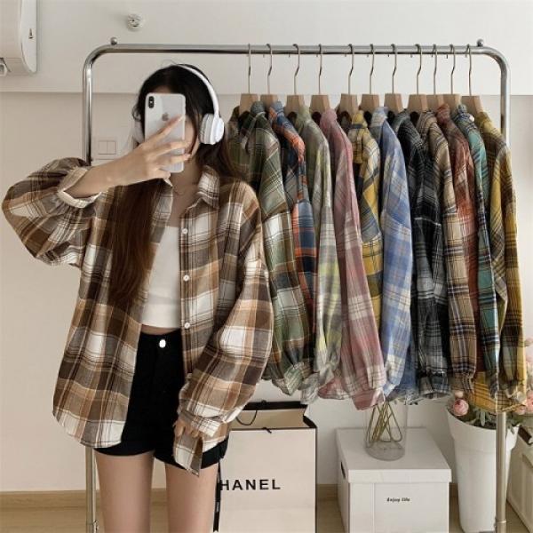 여성 복고풍 체크 남방 ELC-9046