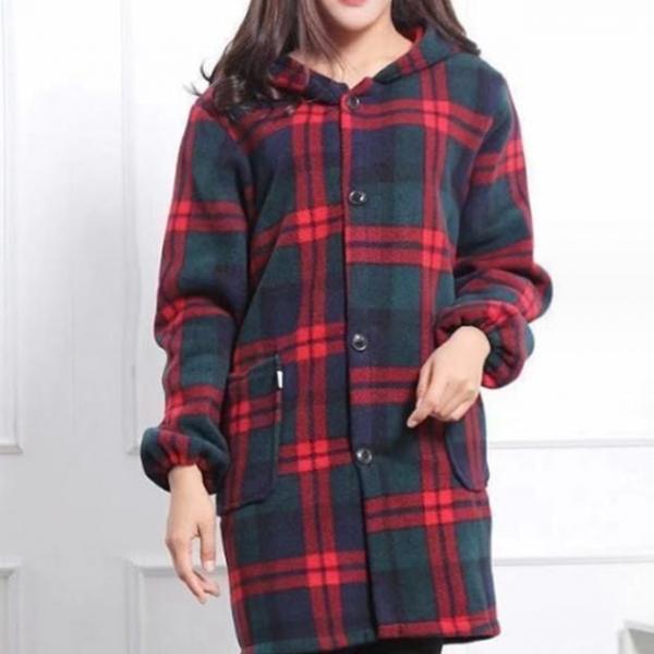 체크 후드 코트 여성 겨울 플리스 가을 롱코트