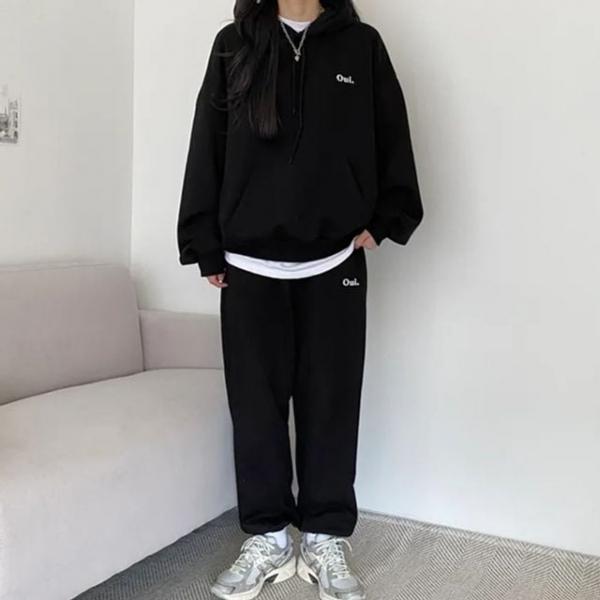 2컬러 오버핏 데일리 레터링 여성 후드티 셋업