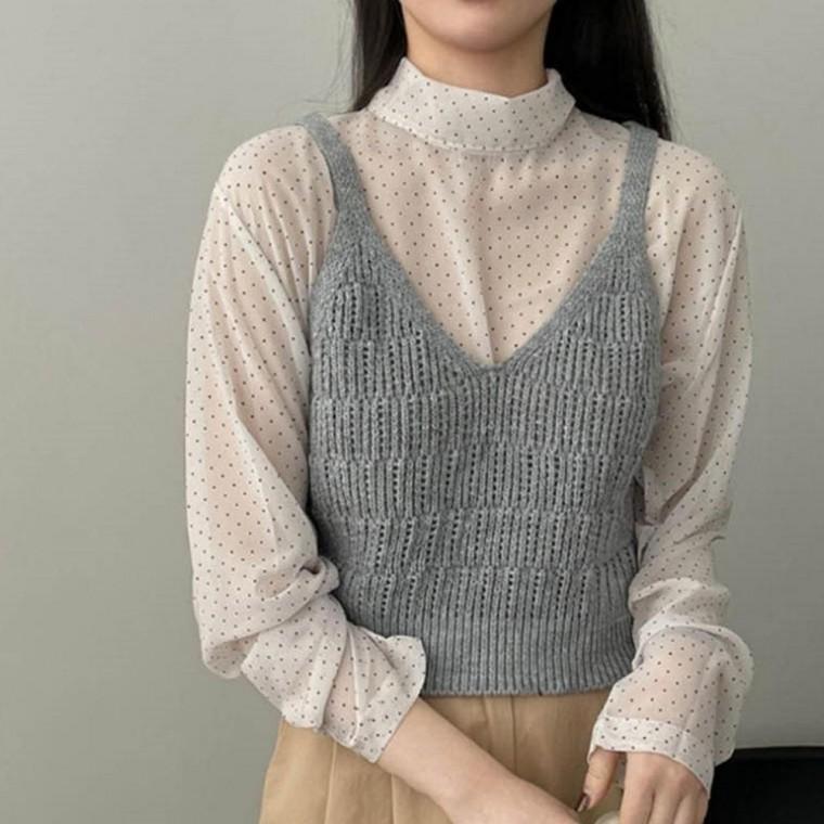 레이어드 여자 여성 그물 펀칭 가벼운 스타일 니트 조끼 카라티 니트티 반팔