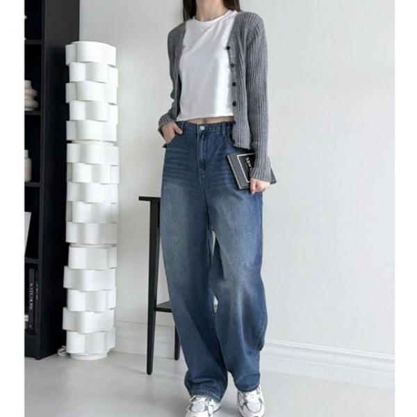 여성 데일리 와이드 바지 여자 와이드데님 뒷밴딩 팬츠