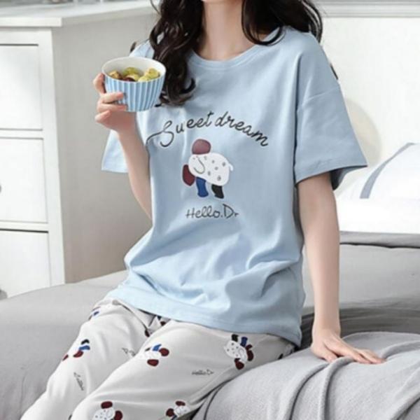 여성 여름 반팔 긴바지 파자마 수면 잠옷 홈웨어 세트