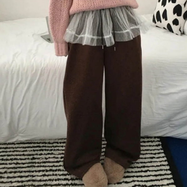 레이스 프릴 팬츠 레이어드 바지 자연스러운 체형커버