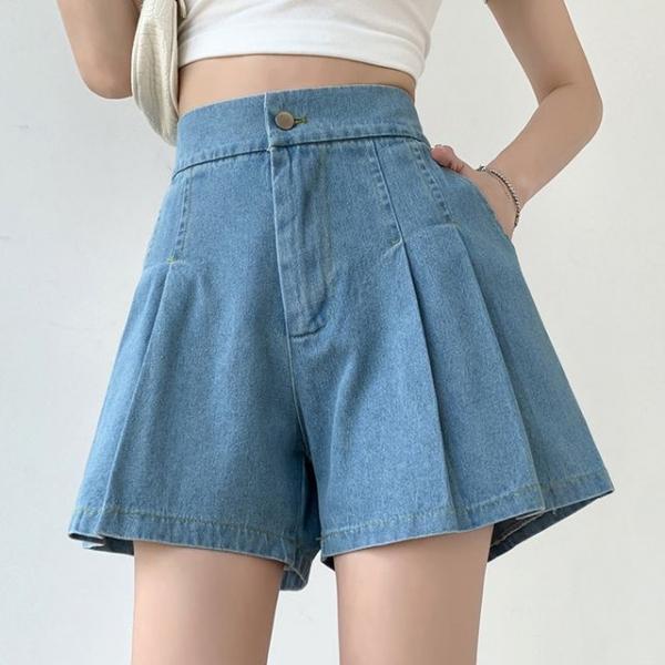 여성 데님 핀턱 뒷밴딩 반바지 A라인 청 치마바지