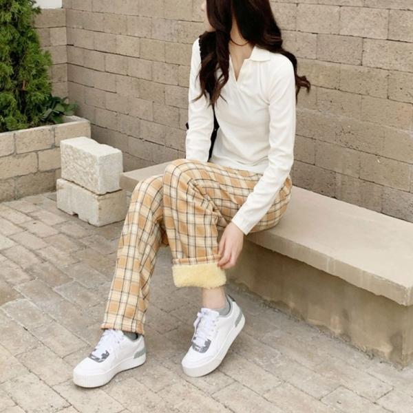 LW 양털 체크 팬츠 여성 겨울 방한 안감 추리닝 홈웨어 밴딩 바지
