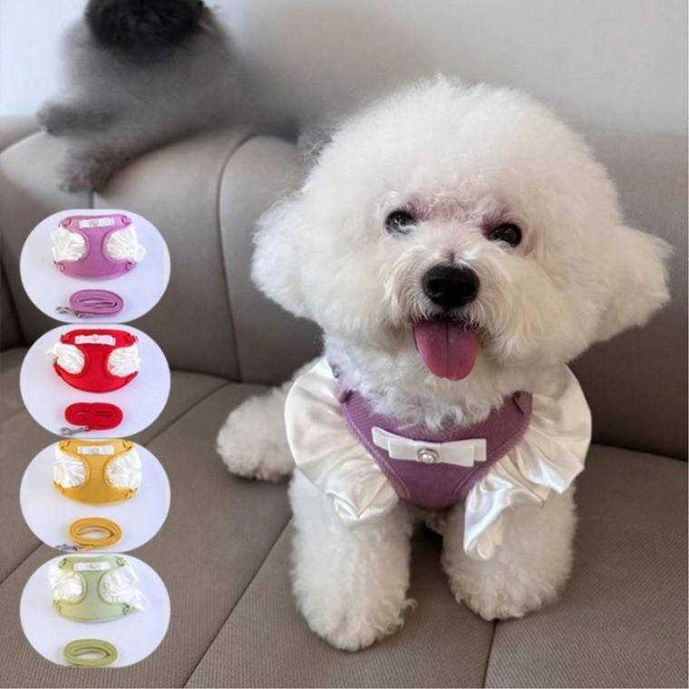 강아지 고양이 겸용 귀요미 프릴하네스 소형 중형 목줄 가슴줄 끈 세트 강아지 고양이 하네스 리드줄