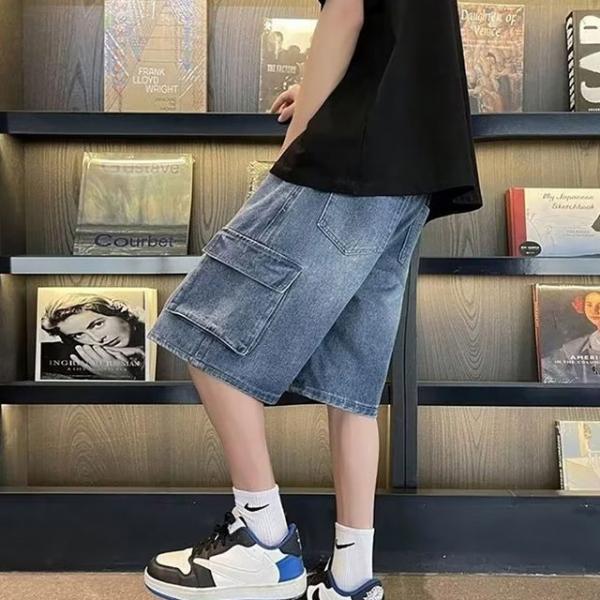 남자 여자 포켓 카고 스타일 허리 밴딩 데님 청 반바지