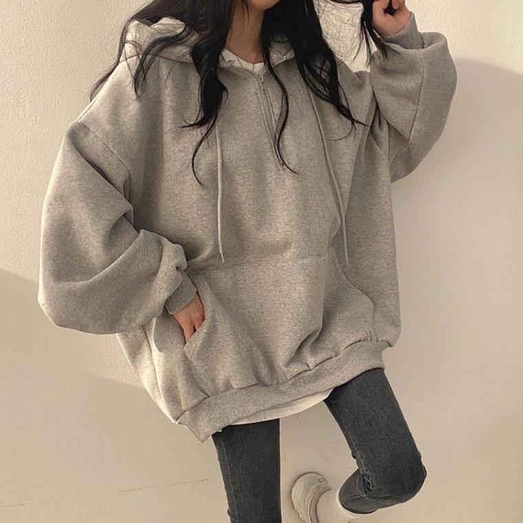 여성 데일리 캐주얼 스타일 반집업 회색 무지 후드티