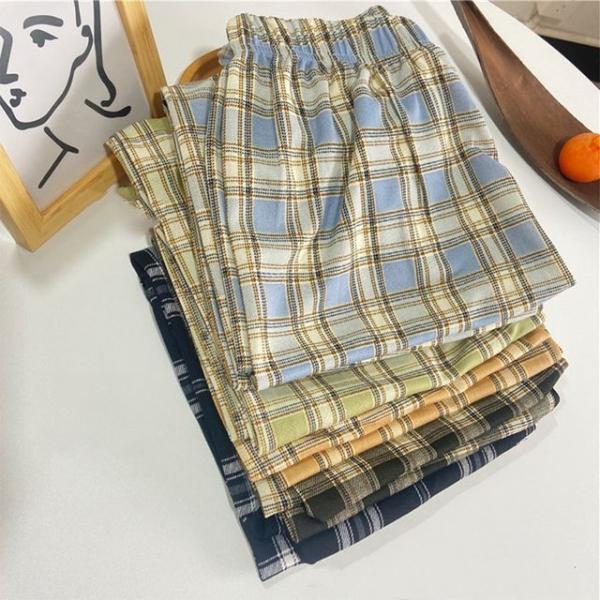 홈웨어 체크 와이드 통 팬츠 여름 아이스 긴 밴딩바지