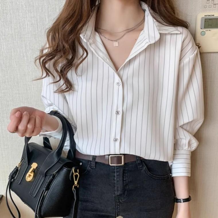 여성 베이직 세로 스트라이프 9부 셔츠