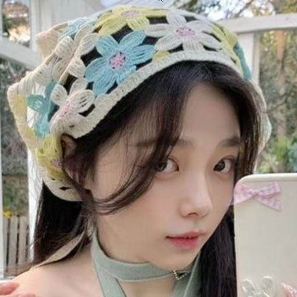 빈티지 무드 뜨개 헤어 커치프 여성스러운 플라워 헤어스카프 해변 산책 사계절 활용 장신구