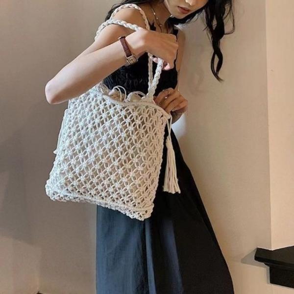 태슬 포인트 네트 짜임 토트백 5FWY