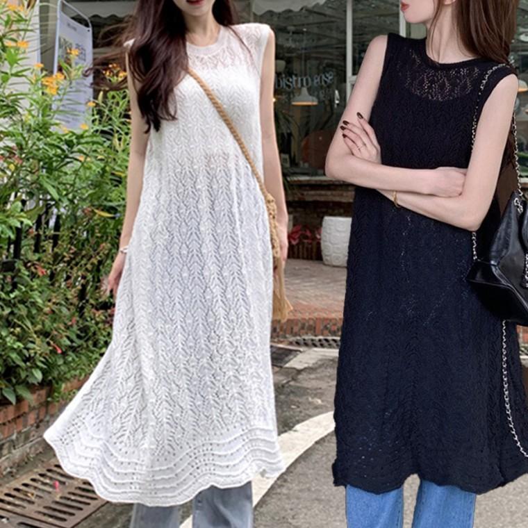 민소매 레이어드 나시 롱원피스 펀칭 뷔스티에 원피스 빅사이즈 휴양지
