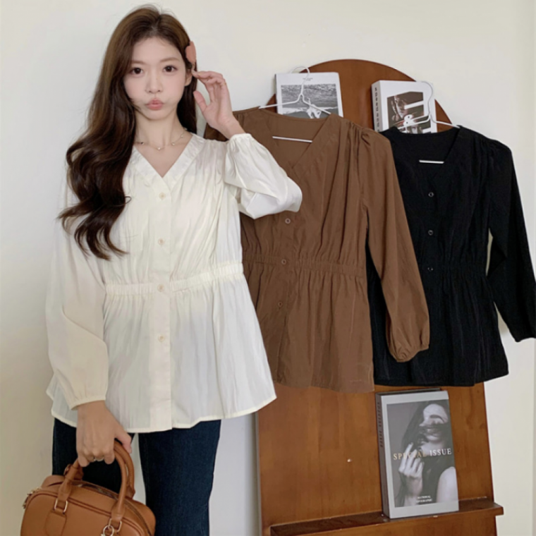 긴팔 허리밴딩 블라우스 브이넥 가을 여성 간절기 봄