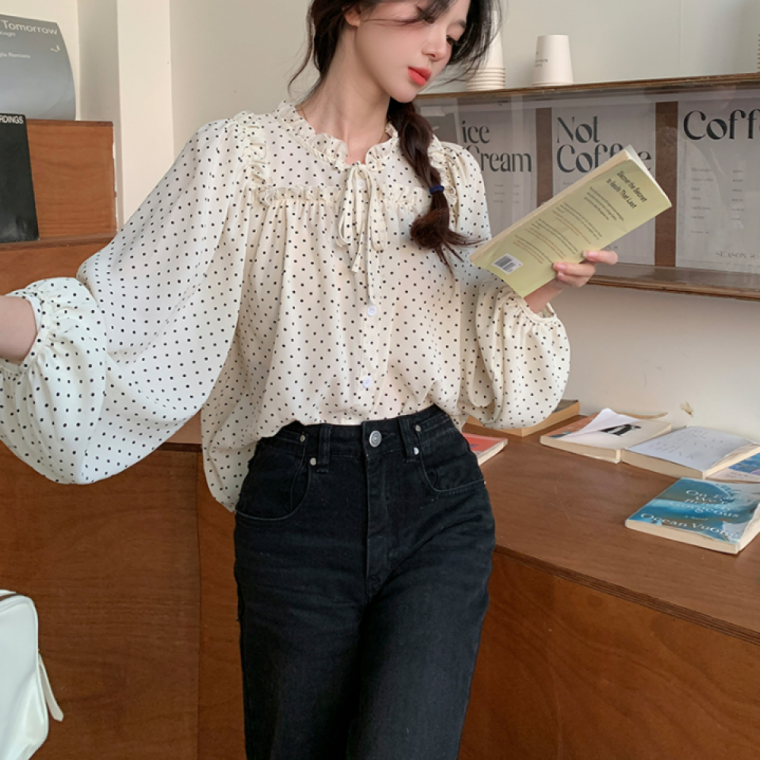 쉬폰 프릴 차이나 여성 긴팔 도트 블라우스 봄 가을