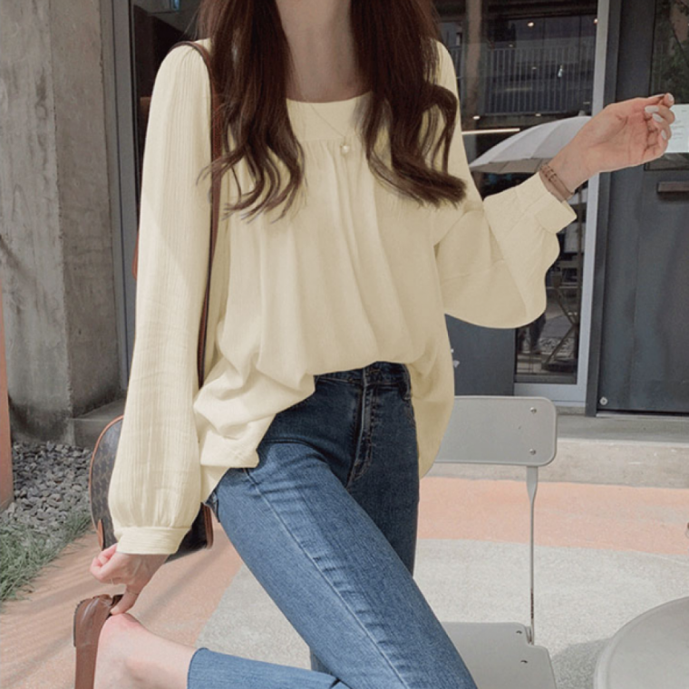 셔링 긴팔 스퀘어넥 데일리룩 블라우스 주름 여성