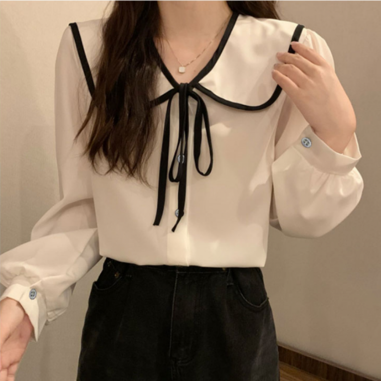 예쁜 긴팔 리본 배색 블라우스 여성 카라 데일리