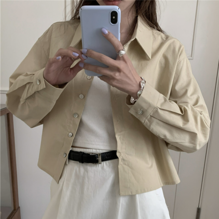 카라 긴팔 베이직 캐주얼 뒷트임 크롭 여성 셔츠 남방
