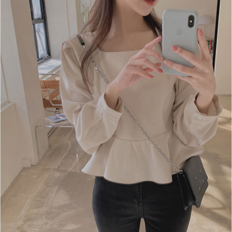 스타일 레이스 여성 긴팔 셔링 스퀘어넥 블라우스