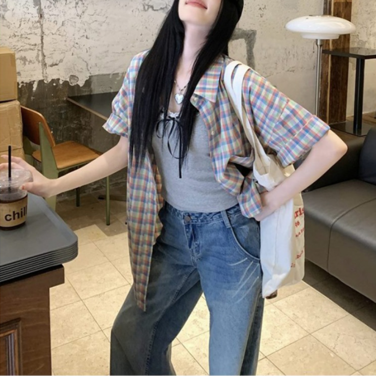 데일리 셔츠 체크 여름 반팔 여성 캐주얼 남방 포켓