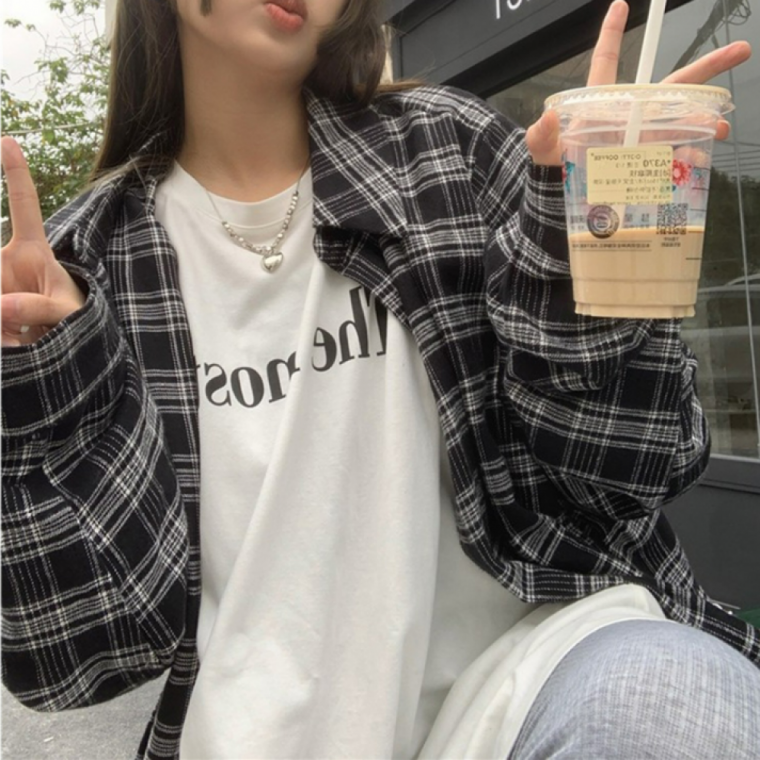 블랙 셔츠 남방 체크 캐주얼 긴팔 긴소매 여성