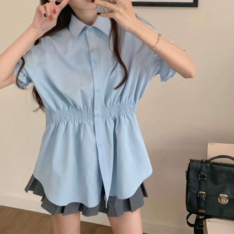 남방 여성 여름 플레어 반팔 카라 셔츠 허리밴딩