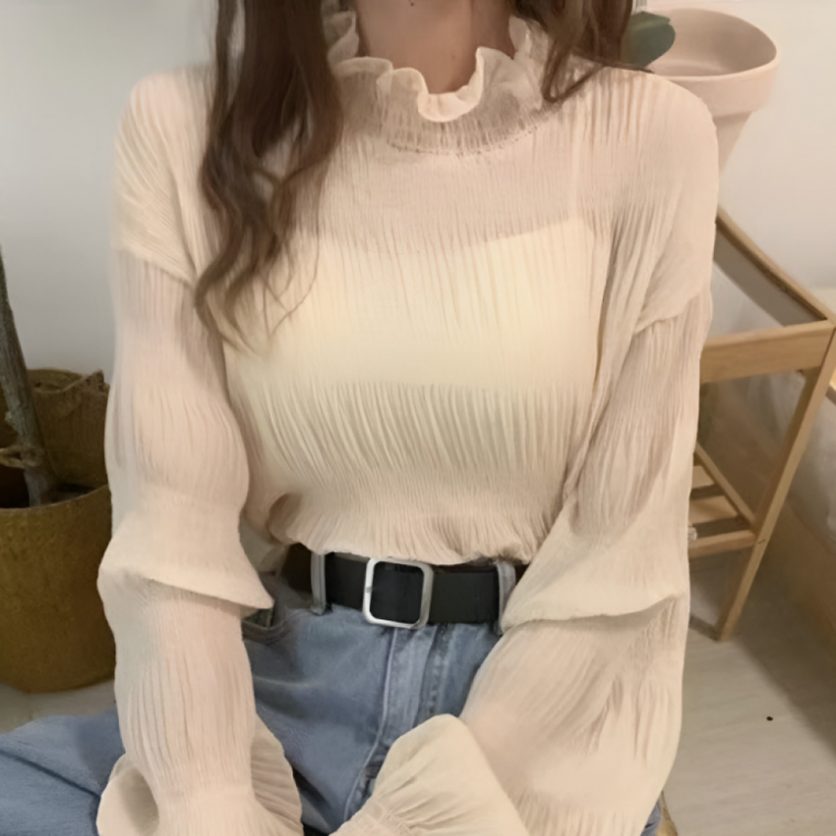 주름 데이트룩 긴팔 반폴라 블라우스 예쁜 여성 퍼프