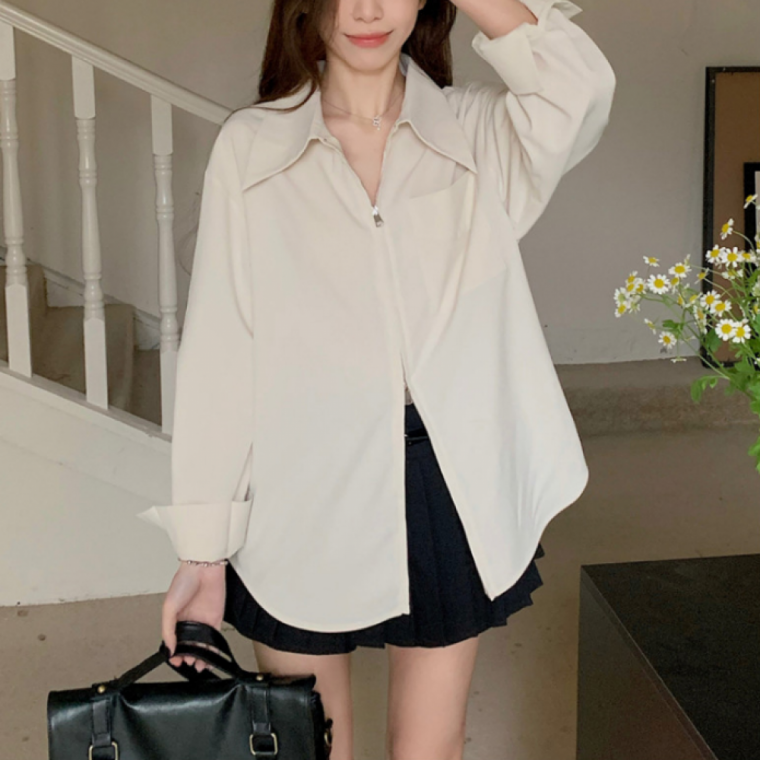 여성 심플 남방 집업 셔츠 베이직 긴팔 카라 긴소매