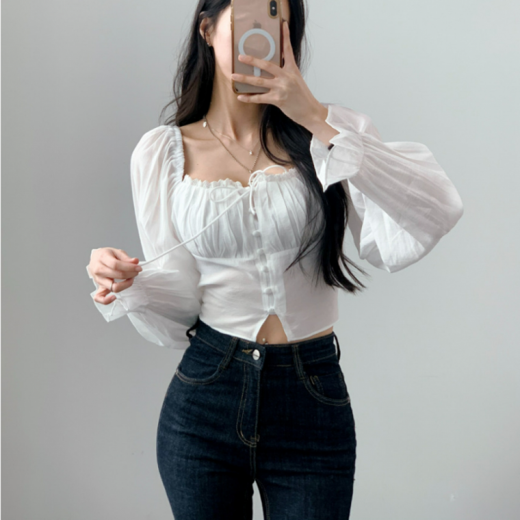 긴팔 레이스 블라우스 스퀘어넥 밴딩 여성 셔링 크롭