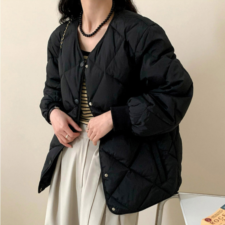누빔 퀼팅 노카라 점퍼 여성 경량 똑딱이 패딩