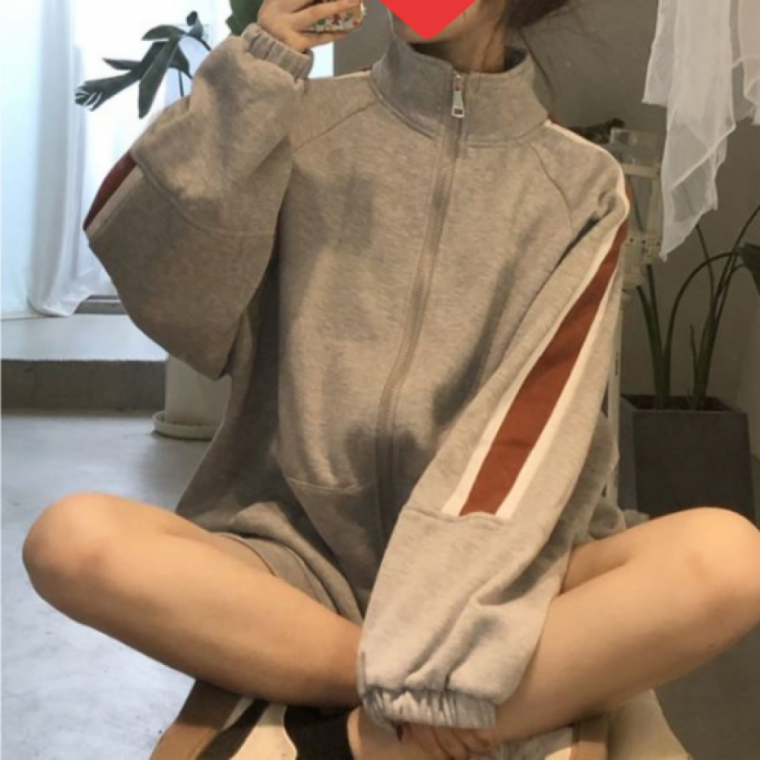 오버핏 하이넥 간절기 점퍼 집업 여성 배색라인 잠바