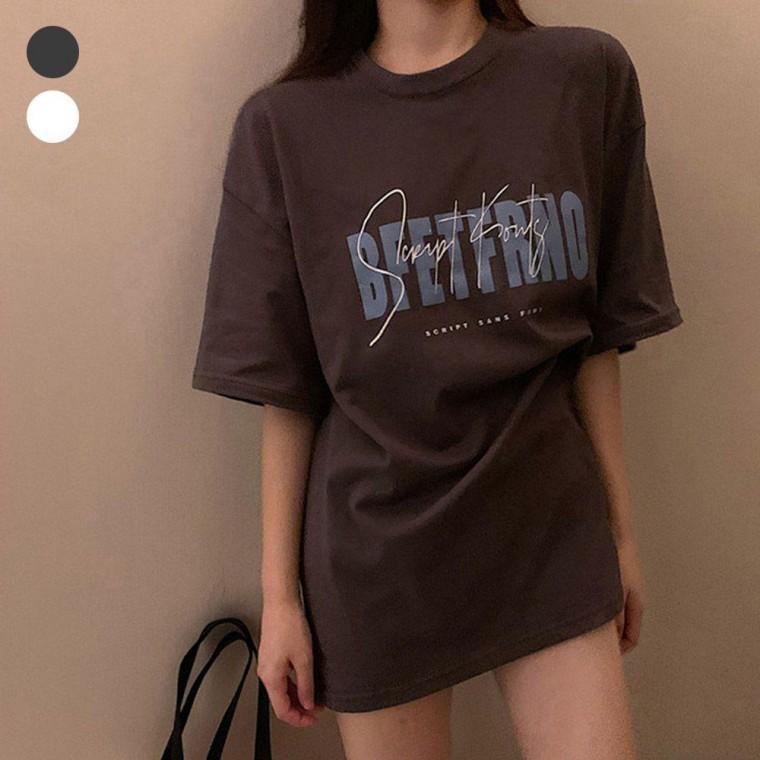 여자 빅 영문 오버핏 스타일 라운드 반팔 티셔츠