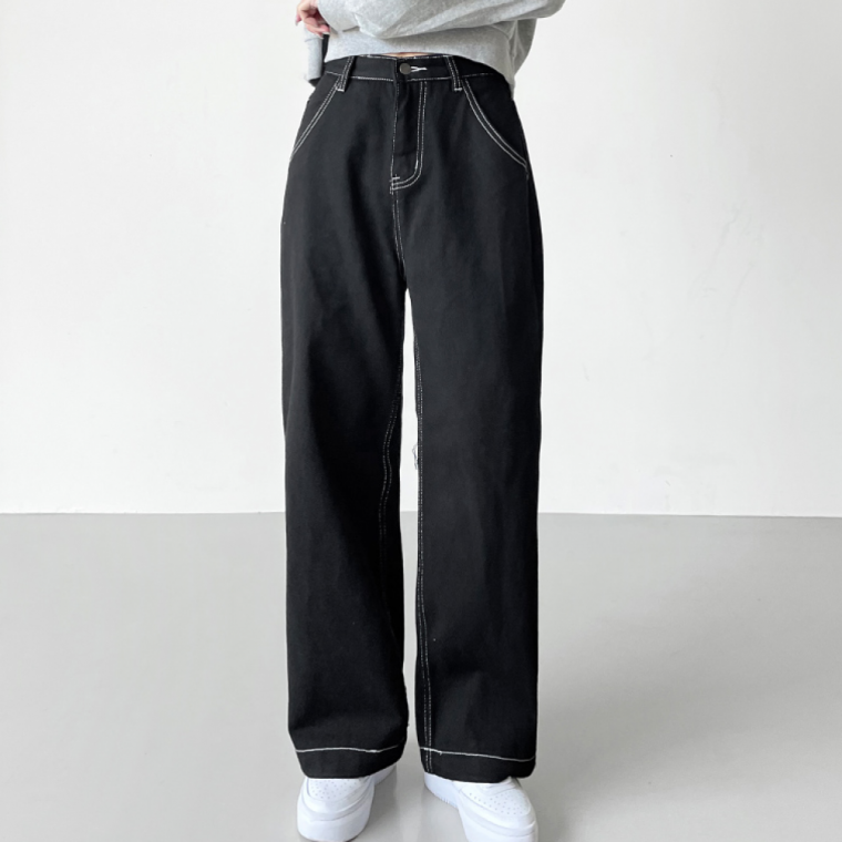 여성용 레트로 코튼 스티치 일자 팬츠