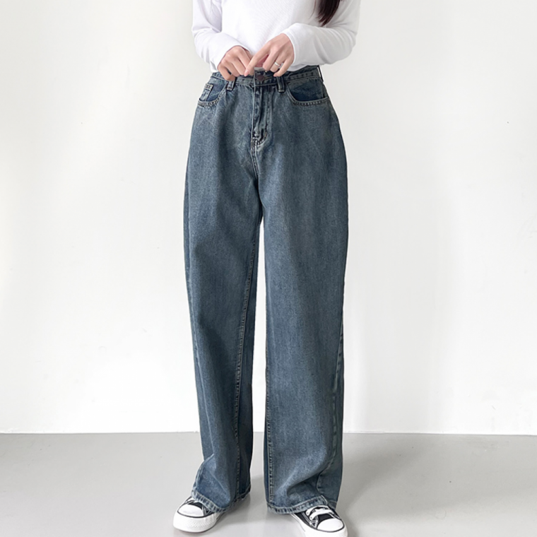 로코 사선 절개 세미 와이드 데님 팬츠