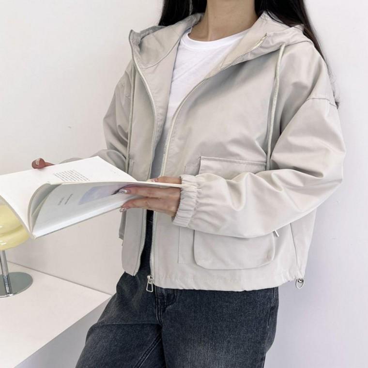 여자 2컬러 간절기 아웃포켓 후드 바람막이 집업점퍼