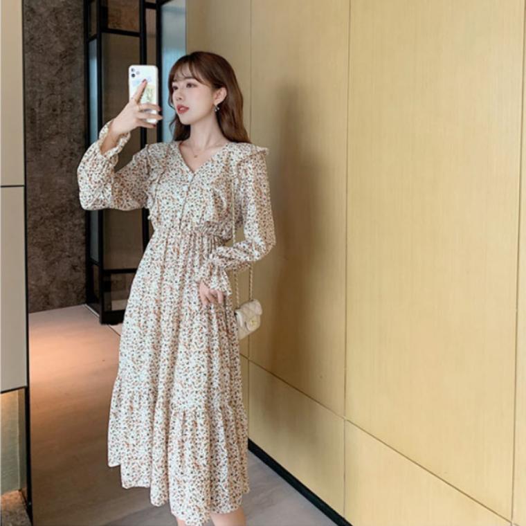 브이넥 플라워 여성 롱원피스 긴팔 원피스 데일리