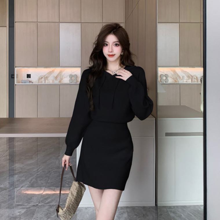긴팔 여성 골지 인기 후드 미니 니트 원피스 데일리