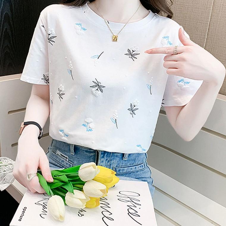 신상 여름 반팔티 꽃무늬 흰색 티셔츠 여성 데일리
