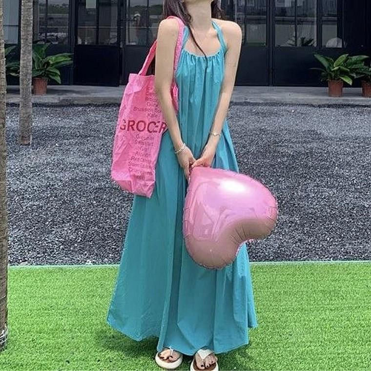 여름 홀터넥 A라인 여성 롱원피스 원피스 민소매