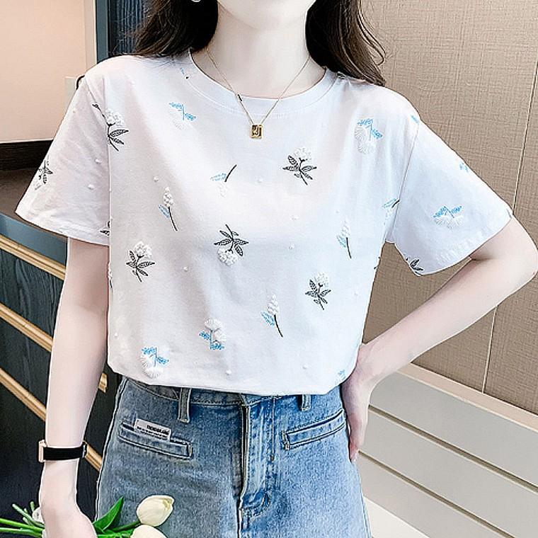 캐주얼 여름 유행 꽃무늬 여자 티셔츠 반팔티 흰색