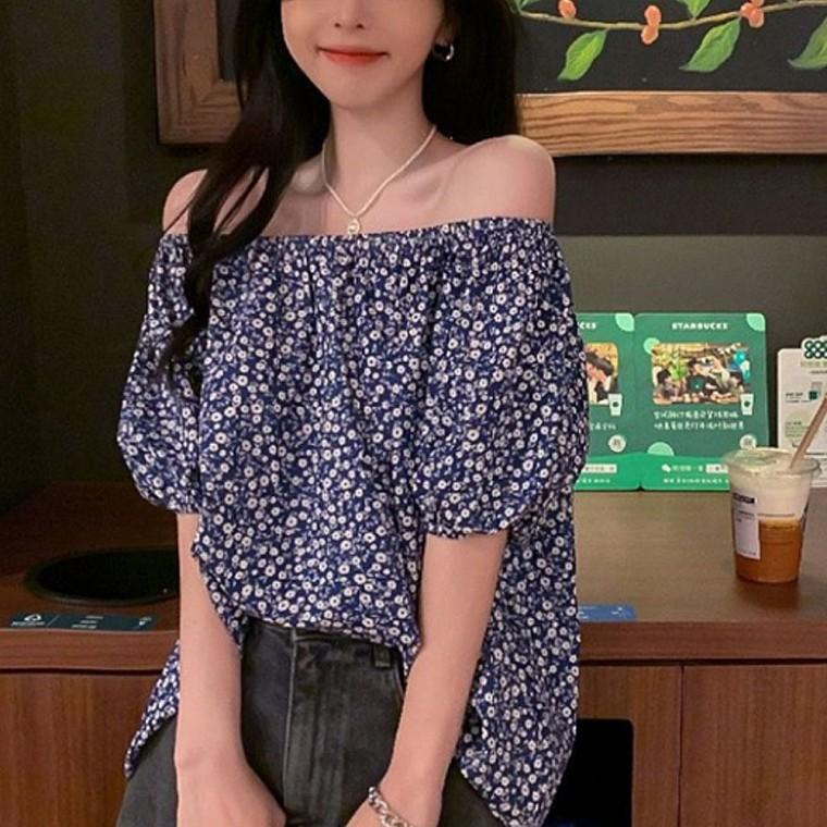 티셔츠 여름 패션 블라우스 반팔 플라워 오프숄더