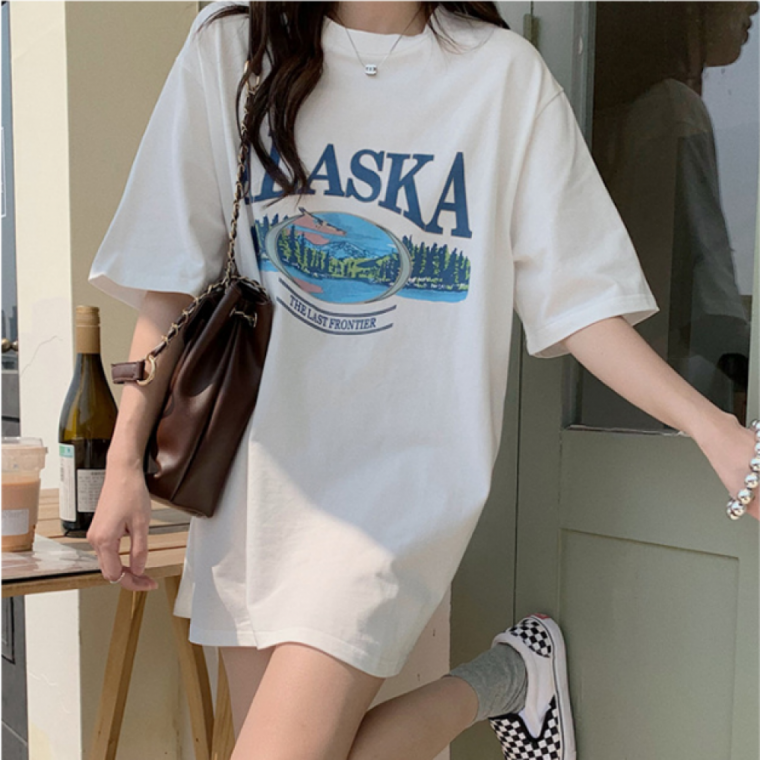여자 영문 레터링 오버핏 라운드 반팔 티셔츠 기본티