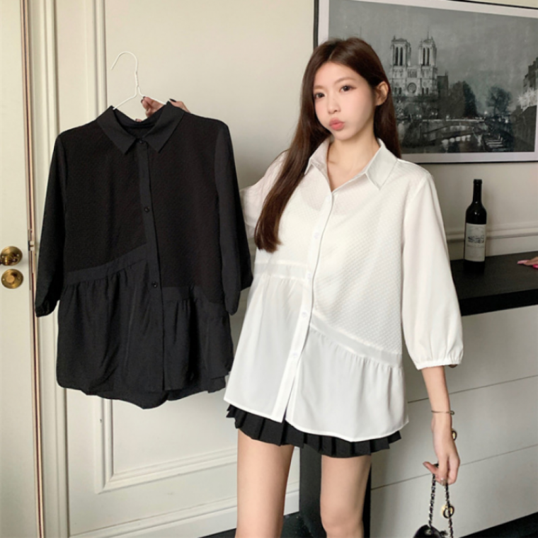 캐주얼 루즈핏 언발 셔링 7부 데일리 A라인 블라우스