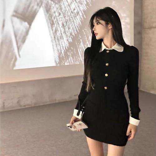 카라 페이크 레이어드 금장 미니 원피스