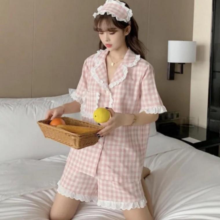 여성 여름 프릴 레이스 핑크 반팔 반바지 잠옷 세트