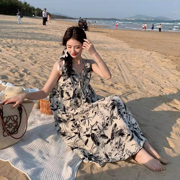 원피스 끈나시 여름여행 비치웨어 여성 플라워패턴